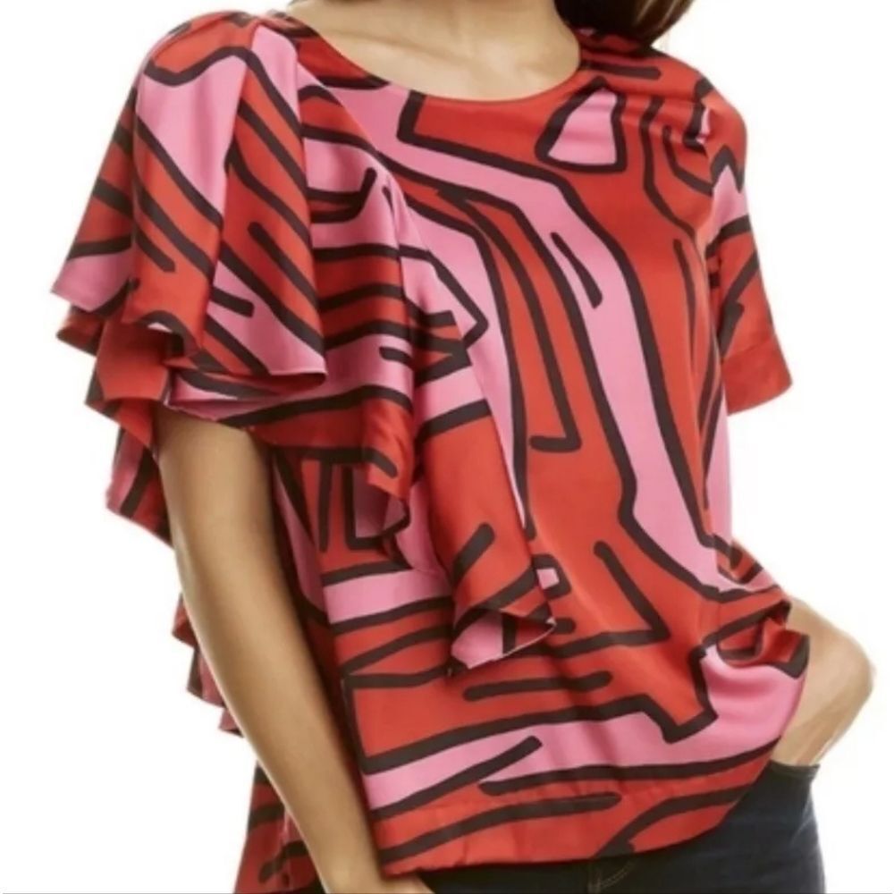 CROSBY by Mollie Burch red and pink abstract labyrinth ruffle blouse top S
